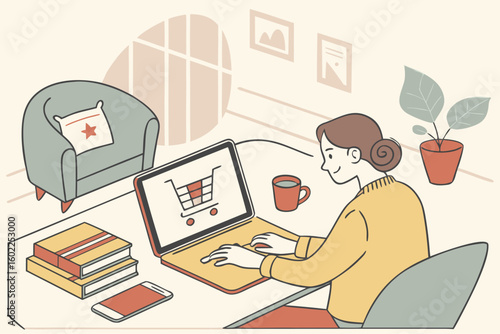 Young woman shopping online in a cozy workspace with a modern design during the afternoon
