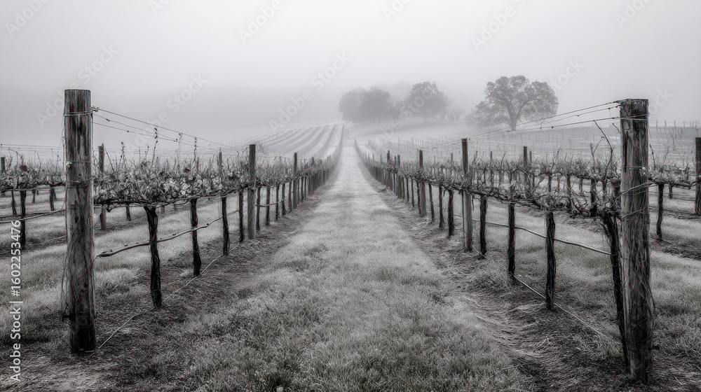Naklejka premium A misty gray vineyard in early morning, elegant and timeless