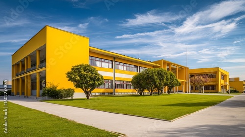 Modern Yellow School Building with Large Windows, Green Lawn, and Clear Sky on Educational Campus