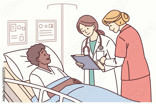 Healthcare professionals attend to a patient in a hospital room during a morning check-up providing medical assistance and emotional support