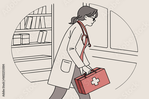 Healthcare professional walking with a medical kit in a clinical setting during the day