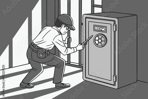 Man attempting to open a safe in a dimly lit room with bars on the windows during the afternoon