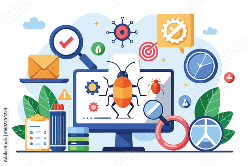 Digital illustration of software debugging with bug icon on computer screen surrounded by various tech and productivity elements in a bright workspace setting
