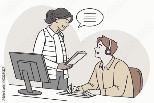 Engaging discussion between colleagues in a modern office setting during a workday focused on collaboration and productivity
