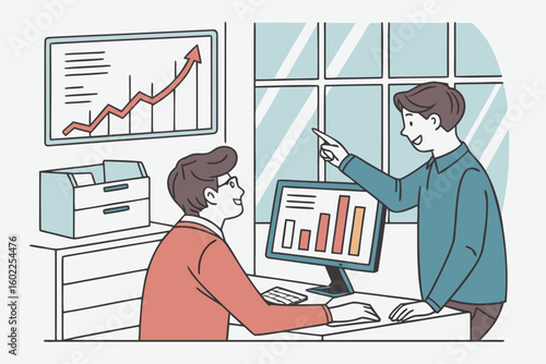 Two individuals discussing financial growth in an office setting with charts on the wall and a computer displaying data