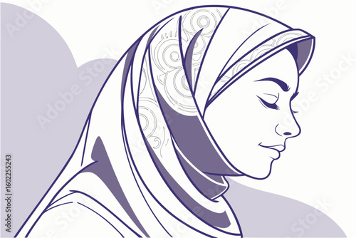 Profile of a woman in a hijab with intricate patterns, showcasing cultural beauty and tranquility in a serene setting