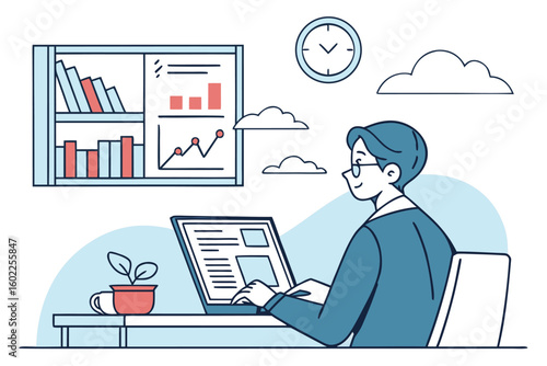 Professional working at a desk with laptop, analyzing data and creating reports in a modern office setting during the day