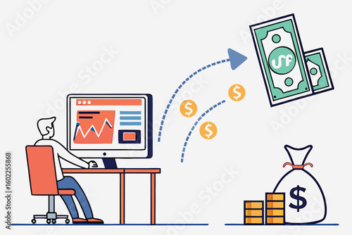 Freelancer working at desk with computer analyzing financial data and earning money through online transactions