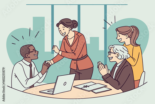 Team members celebrating success during a business meeting in a modern office setting with a laptop and notes on the table while expressing joy and teamwork interaction