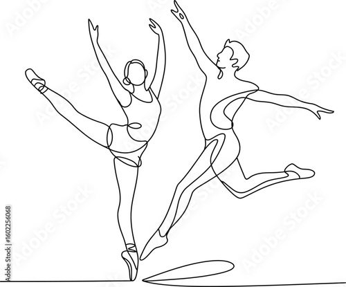 Two dancers in motion performing a ballet pose together