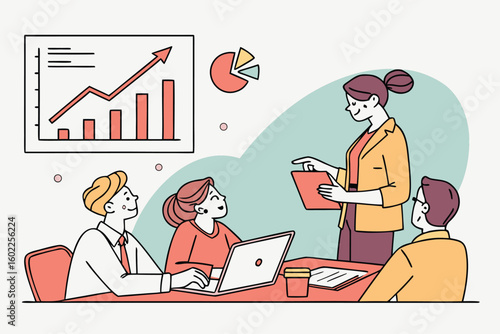 Team meeting focused on business growth strategies with presentations and discussions around data analysis and projections
