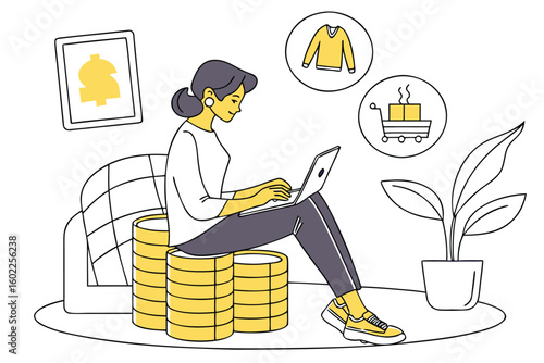 Woman working on a laptop surrounded by stacks of coins, visualizing shopping for clothes and managing finances at home during the day