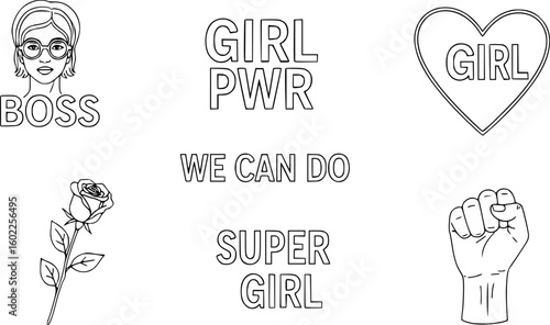 line art, girl power themed icons, including lightning bolts with "POWER" written vertically