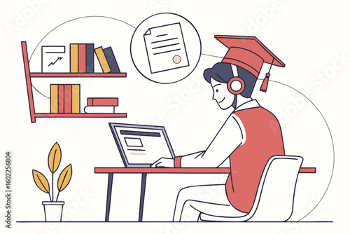 Student engaged in online learning at home with graduation cap and headphones, focused on study material and assignment completion