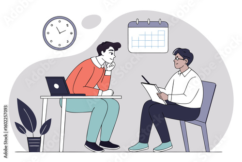 Two individuals engage in a conversation during a scheduled meeting at an office setting with a clock and calendar in the background