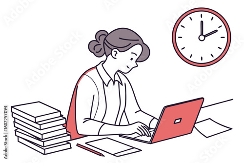 Woman working on laptop at desk surrounded by books with wall clock indicating late afternoon time