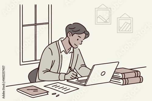 Student focused on online learning and note-taking at a wooden desk near a window with books, showcasing a study environment in a well-lit space