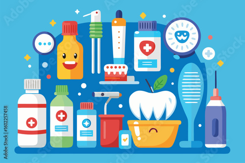 Collection of colorful health and wellness products displayed against a bright blue background, showcasing various bottles, tools, and dental items in a vibrant arrangement