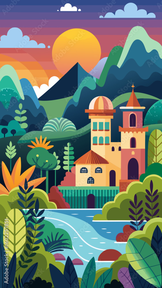 Fototapeta premium Vector art of a vibrant fantasy landscape with a castle by a river at sunset