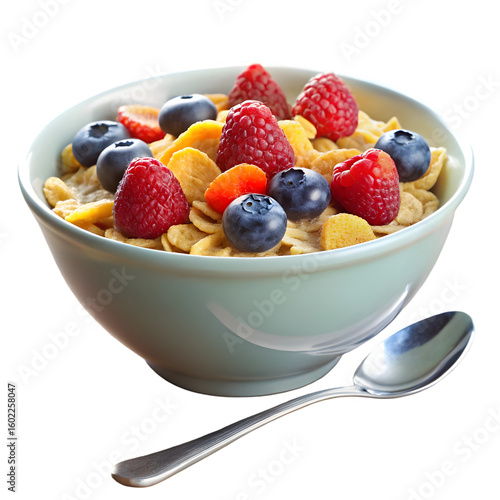 Bowl of cereal with spoon isolated on transparent background breakfast concept