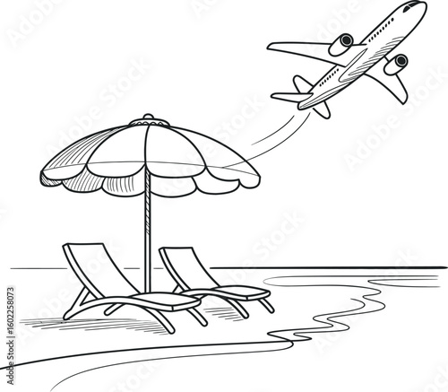 Sketch of a beach scene with lounge chairs umbrella and a departing airplane