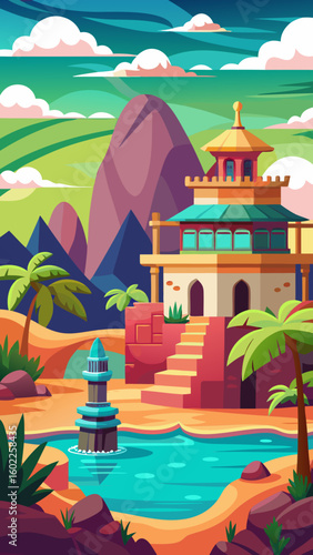 Vector art of a vibrant stylized illustration of an exotic oriental temple complex by a tranquil oasis