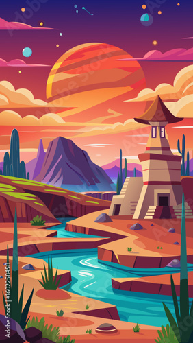 Vector art of a vibrant stylized alien desert landscape at sunset with a river flowing past ancient ruins