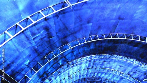 A striking blue-toned interior view of a modern architectural structure, featuring curved metallic beams and concentric circular patterns, creating a futuristic and dynamic visual effect