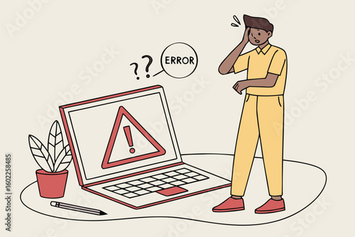 Person in yellow attire looks confused and concerned while facing a laptop showing an error sign, surrounded by a plant and stationary on a neutral background