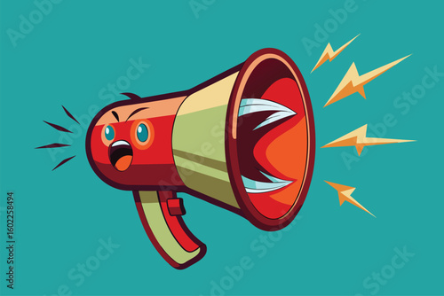 Colorful cartoon megaphone with a fierce expression and sound waves emanating in a vibrant backdrop