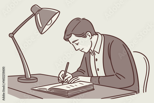 Man writing in a notebook under a desk lamp in a cozy indoor setting during evening hours