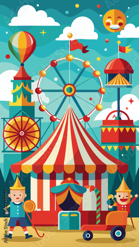 Vector art of a vibrant and colorful illustration of a bustling carnival scene with a ferris wheel circus tent and happy clowns