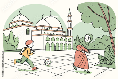 Young boy plays soccer in the park near a mosque while a woman in traditional attire watches with a smile during a sunny day