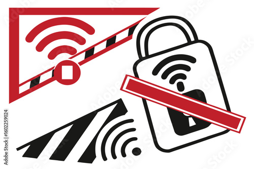 Warning symbols indicating restricted access to wireless networks, emphasizing security measures in digital environments