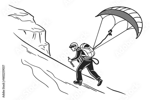 Mountain climber ascending a steep slope with a parachute in tow during an adventurous outdoor expedition in a challenging terrain