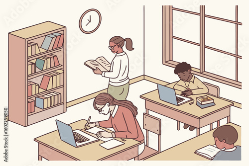 Students engaged in learning activities in a classroom with a bookshelf and a teacher reading a book while others work on laptops