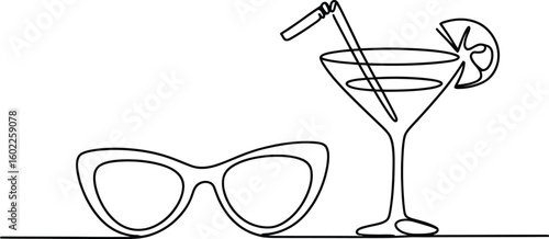 Minimalist line art of cocktail and sunglasses on white background