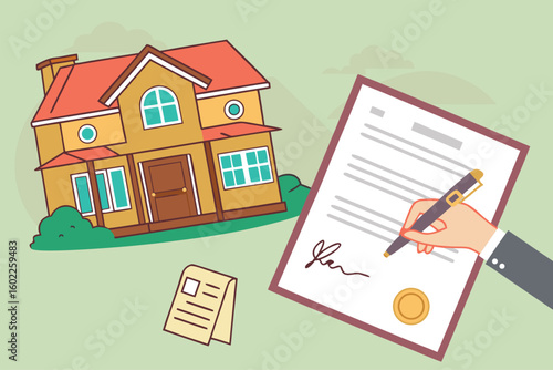 Signing a real estate contract with a house in the background shows the commitment to homeownership in a clear and straightforward transaction