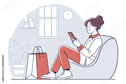 Woman relaxing at home while using a smartphone, surrounded by shopping bags and a cozy interior