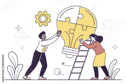 Two individuals collaborating to assemble a large light bulb puzzle piece, symbolizing teamwork and creativity in a modern workspace