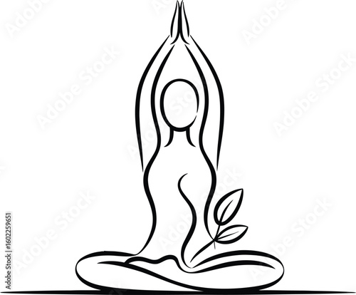 Minimalist line art of a person in a yoga pose with a plant
