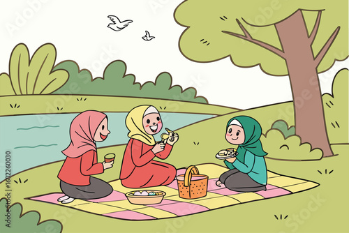 Three friends enjoy a picnic by the river with playful interactions and a basket of snacks during a sunny day in a serene park setting