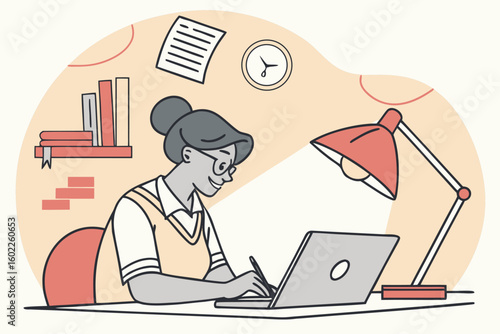 Woman working on laptop at home, focusing on task with desk lamp and shelves in a calm workspace