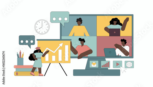 Concept teacher conducts an online lesson. Little people learning using gadgets and internet. Vector flat illustration