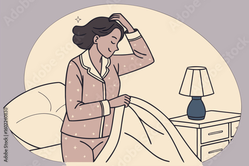 Morning routine of a woman getting out of bed while wearing pajamas in a cozy bedroom setting with soft lighting