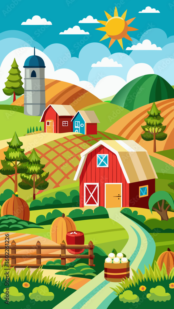 Fototapeta premium Vibrant cartoon farm scene with red barns silo rolling hills pumpkins and a sunny sky