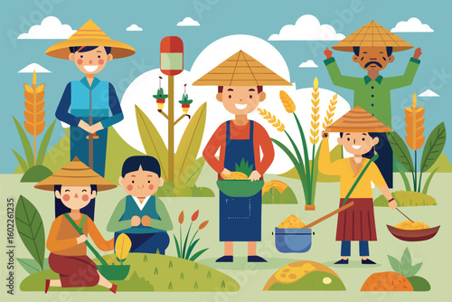 Community members engaged in traditional rice harvesting in a lush field surrounded by vibrant crops during sunny daytime