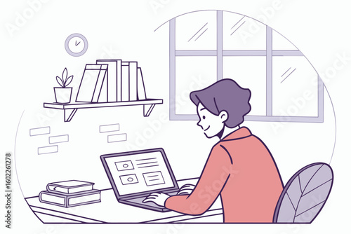 Focused individual working on a laptop at a home office with books, plants, and natural light during the day