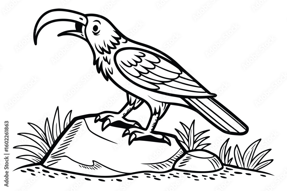 Fototapeta premium Colorful bird perched on a rock amidst greenery in a natural setting, showcasing its vibrant feathers and distinctive beak while happily resting in the warm sunlight