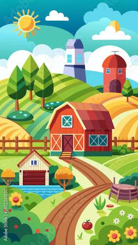 Vibrant cartoon farm scene with red barn silo windmill and rolling green hills under a sunny sky